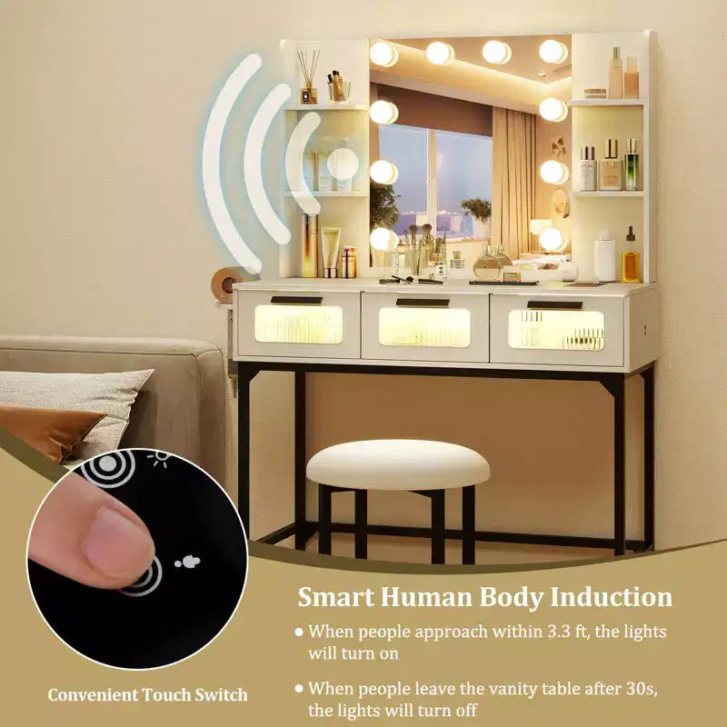 Tavolo da trucco Hollywood con specchio LED, 3 luci colorate, stazione di ricarica e sgabello