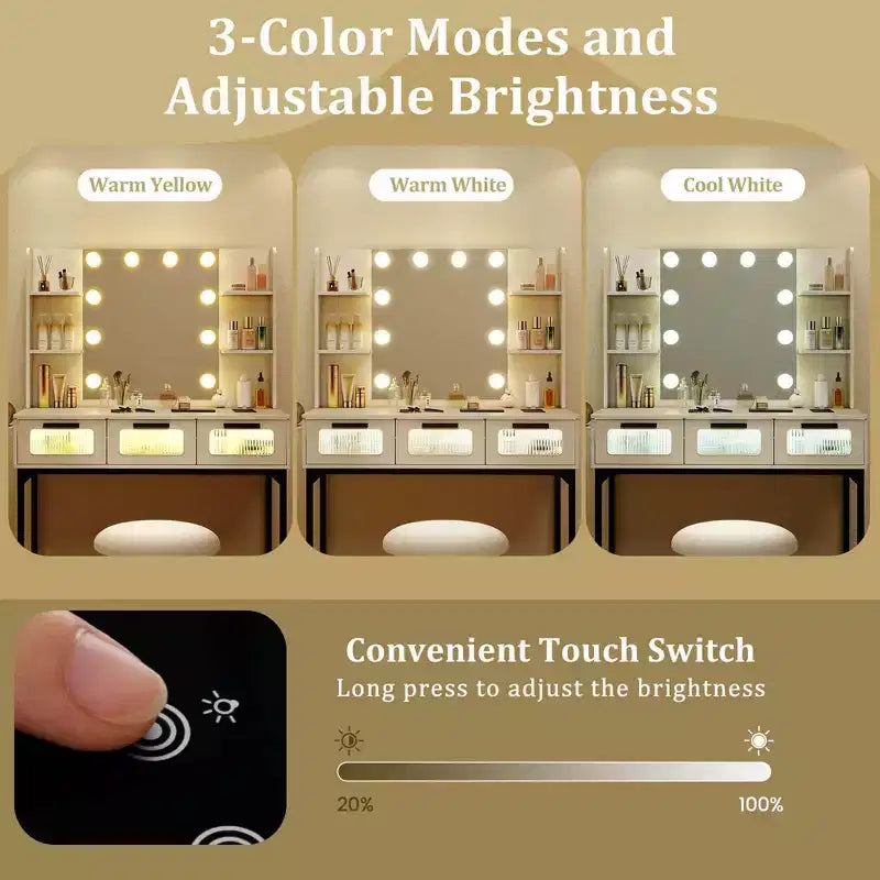 Tavolo da trucco Hollywood con specchio LED, 3 luci colorate, stazione di ricarica e sgabello