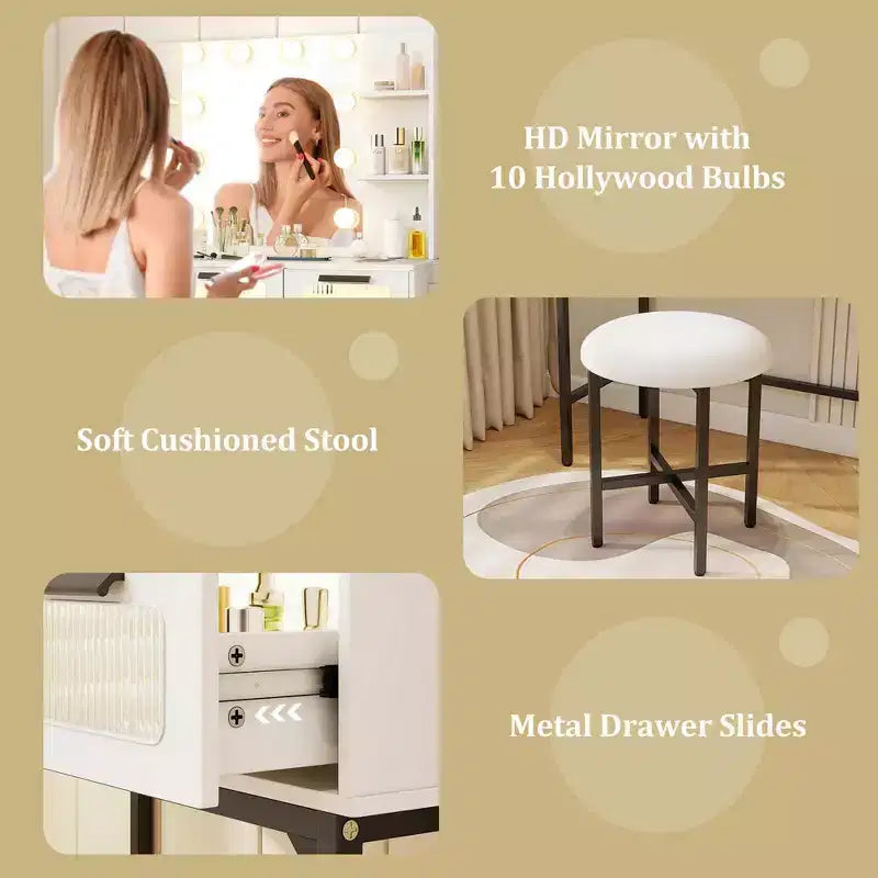 Tavolo da trucco Hollywood con specchio LED, 3 luci colorate, stazione di ricarica e sgabello
