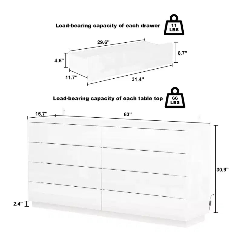 Comò moderno a 8 cassetti con illuminazione LED sottostante – Cassettiera finitura lucida