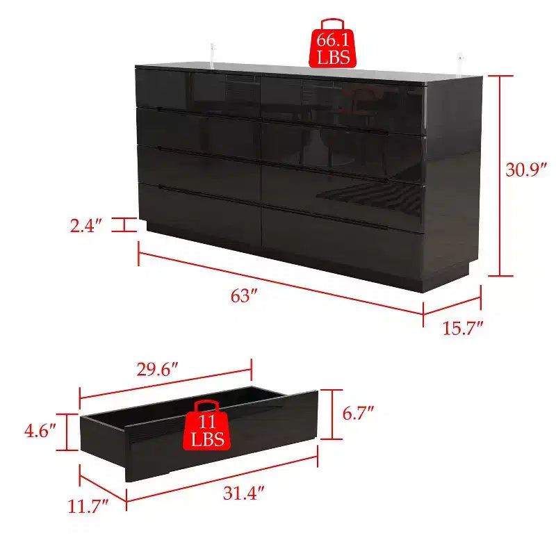 Comò moderno a 8 cassetti con illuminazione LED sottostante – Cassettiera finitura lucida