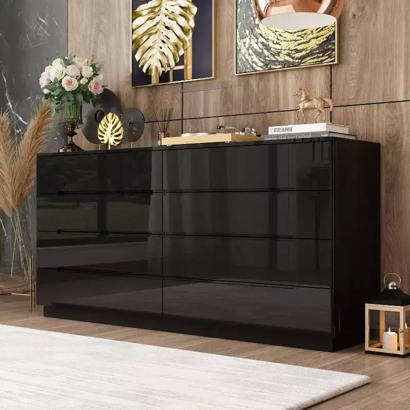 Comò moderno a 8 cassetti con illuminazione LED sottostante – Cassettiera finitura lucida