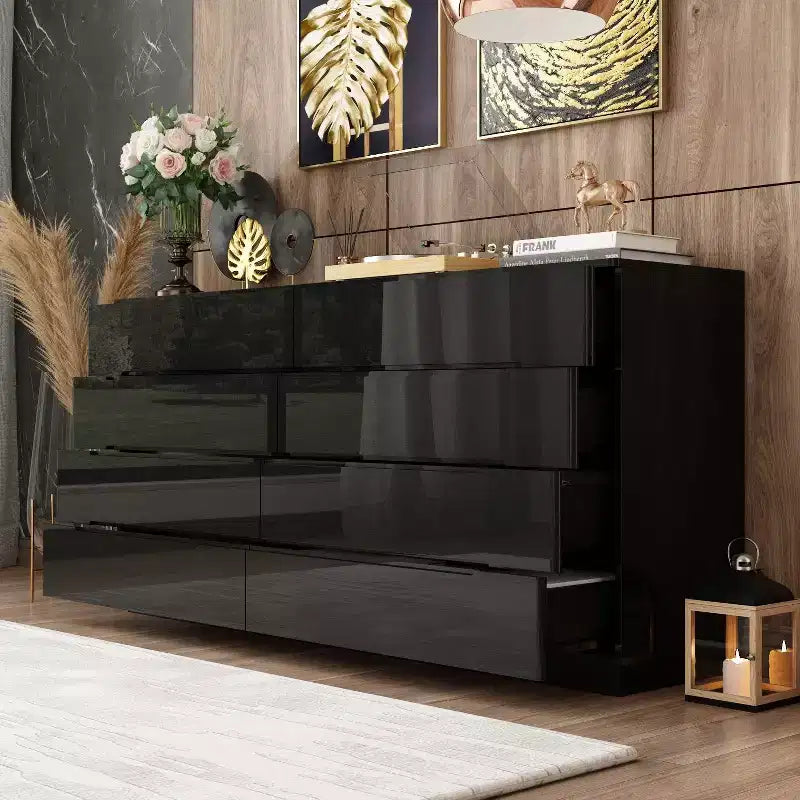 Comò moderno a 8 cassetti con illuminazione LED sottostante – Cassettiera finitura lucida