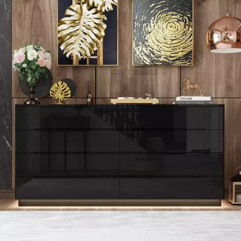 Comò moderno a 8 cassetti con illuminazione LED sottostante – Cassettiera finitura lucida