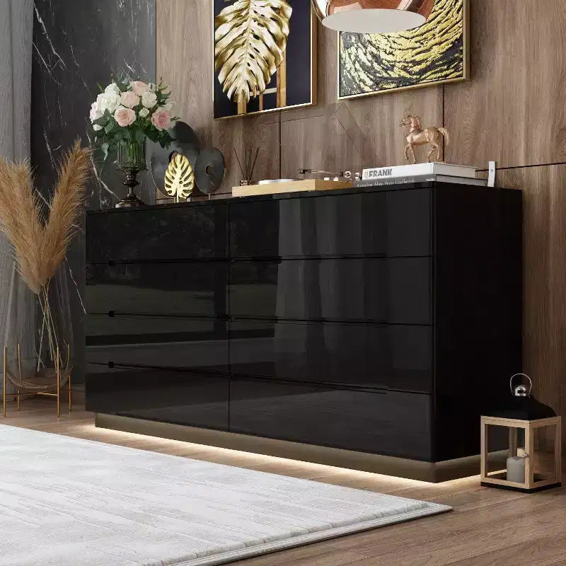 Comò moderno a 8 cassetti con illuminazione LED sottostante – Cassettiera finitura lucida