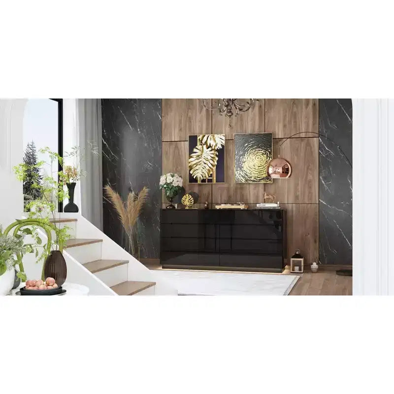 Comò moderno a 8 cassetti con illuminazione LED sottostante – Cassettiera finitura lucida