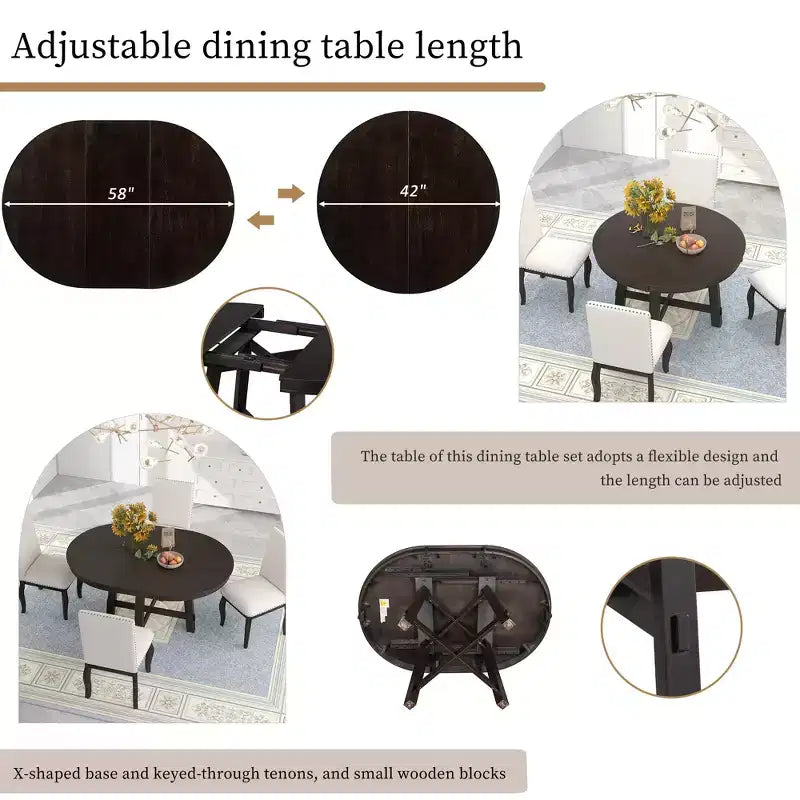 Tavolo da pranzo rotondo allungabile stile rustico con base a X e prolunga da 40 cm – 6 posti a sedere