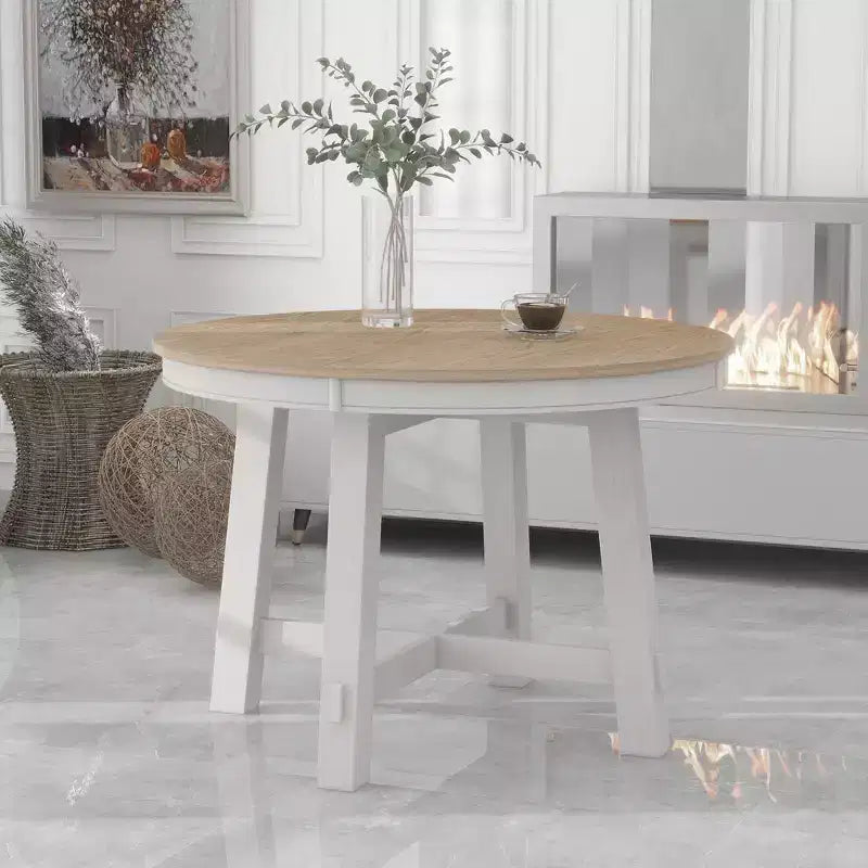 Tavolo da pranzo rotondo allungabile stile rustico con base a X e prolunga da 40 cm – 6 posti a sedere