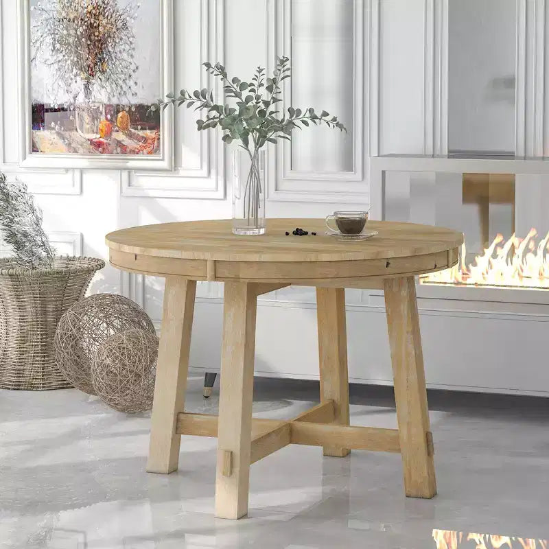 Tavolo da pranzo rotondo allungabile stile rustico con base a X e prolunga da 40 cm – 6 posti a sedere