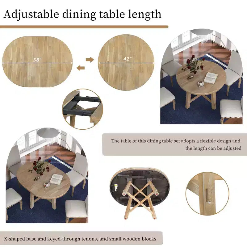 Tavolo da pranzo rotondo allungabile stile rustico con base a X e prolunga da 40 cm – 6 posti a sedere