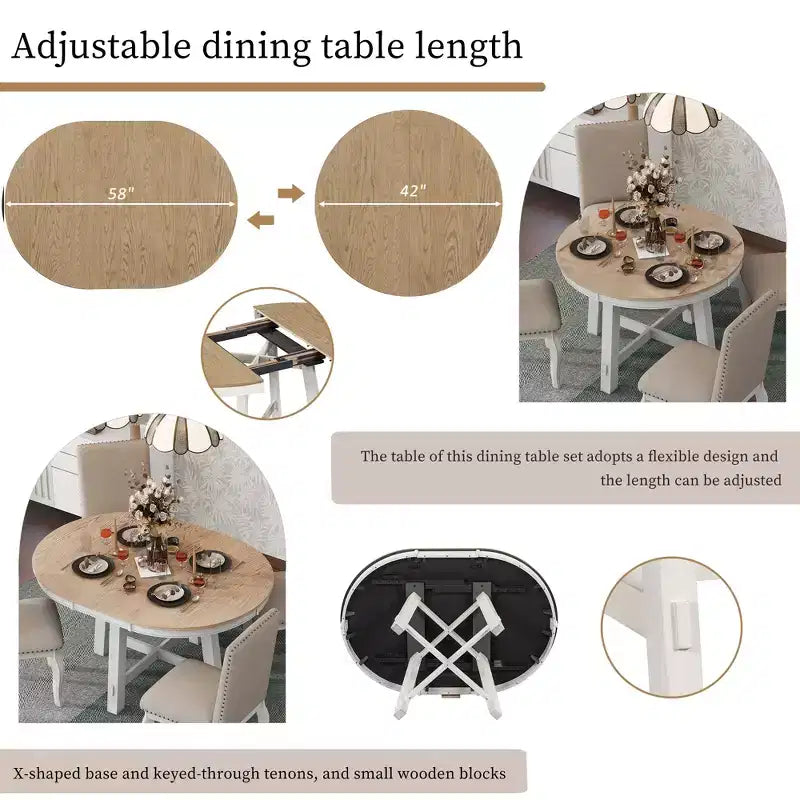 Tavolo da pranzo rotondo allungabile stile rustico con base a X e prolunga da 40 cm – 6 posti a sedere