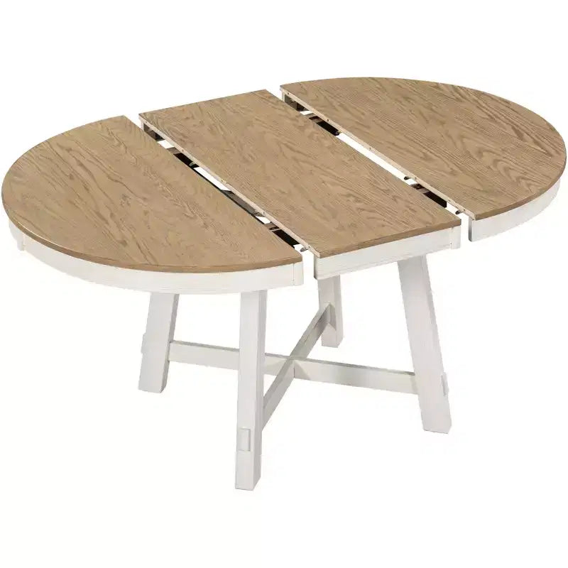 Tavolo da pranzo rotondo allungabile stile rustico con base a X e prolunga da 40 cm – 6 posti a sedere