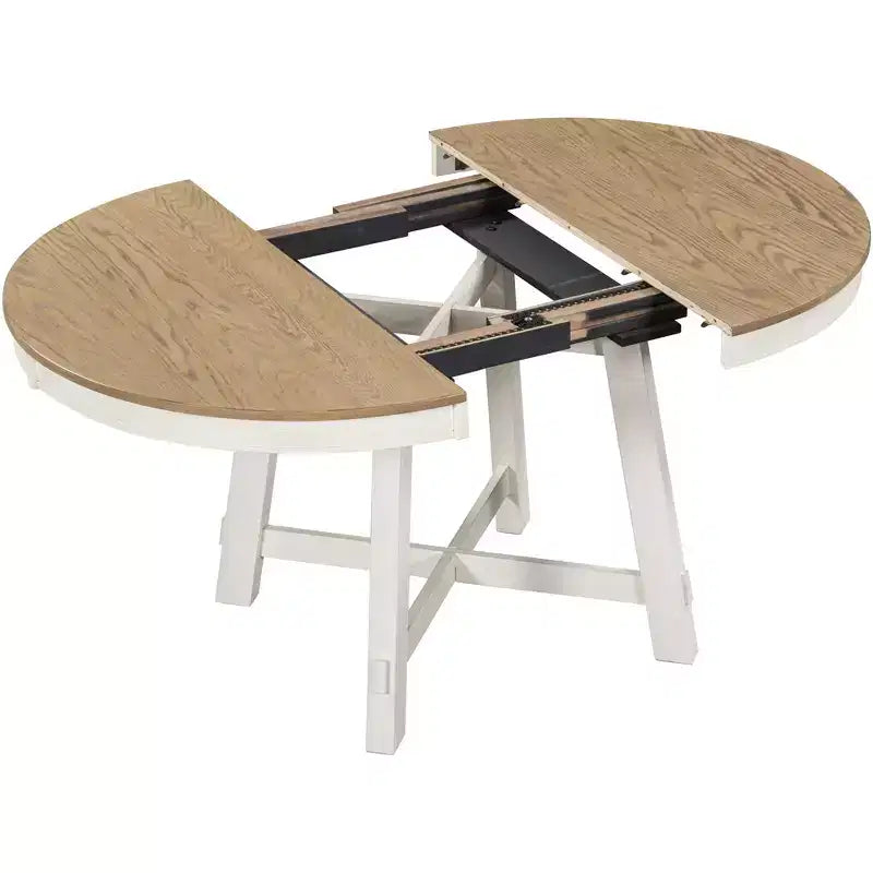 Tavolo da pranzo rotondo allungabile stile rustico con base a X e prolunga da 40 cm – 6 posti a sedere