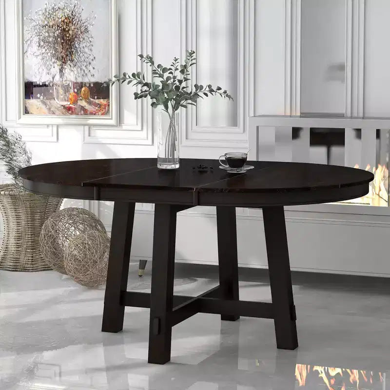 Tavolo da pranzo rotondo allungabile stile rustico con base a X e prolunga da 40 cm – 6 posti a sedere