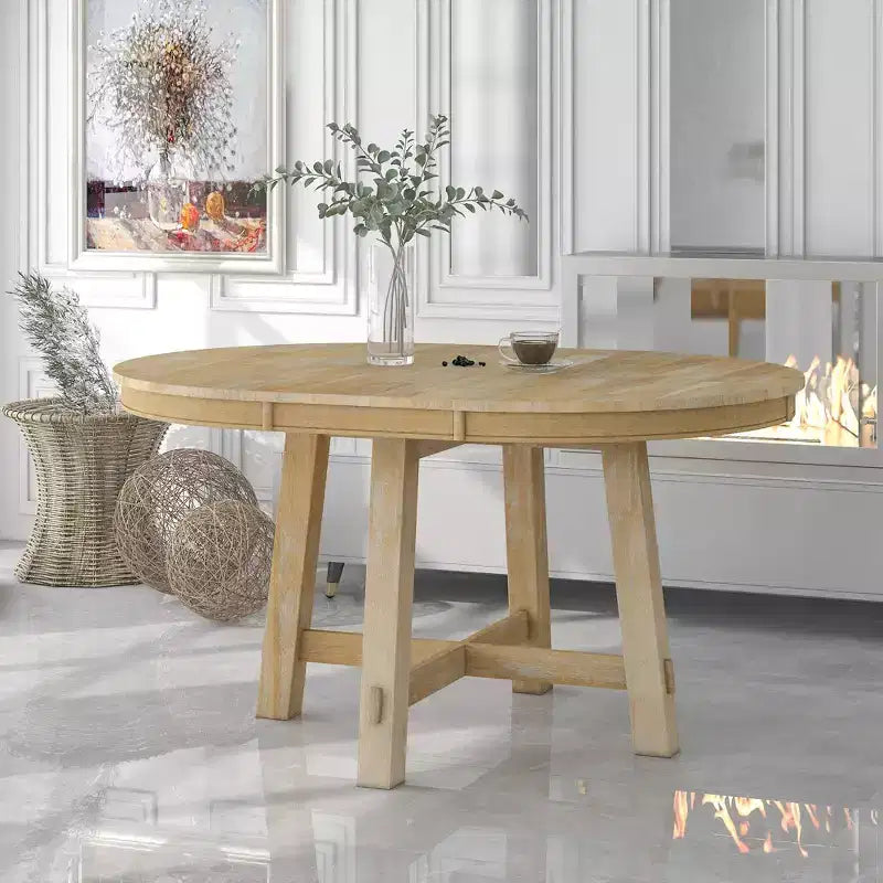 Tavolo da pranzo rotondo allungabile stile rustico con base a X e prolunga da 40 cm – 6 posti a sedere