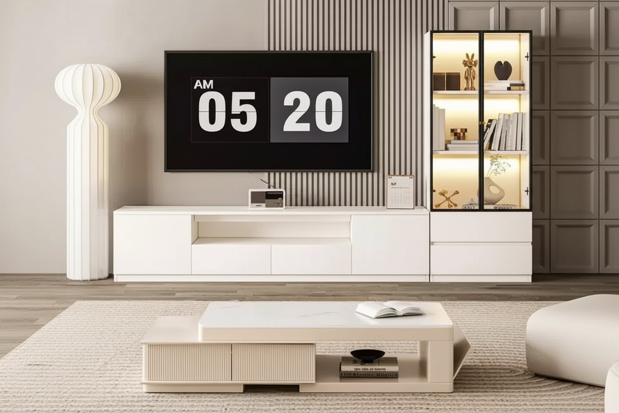 ATJafurn Modern White Living Room Media Center Set for 85 Inch TV, Includes TV Stands, Glass Display Cabinet and Nightstand for Apartment