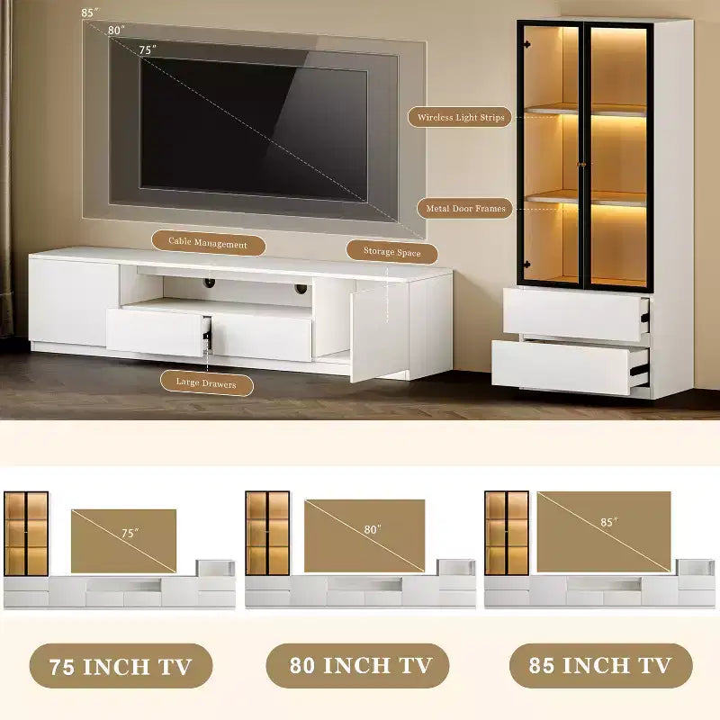 Mobile TV moderno bianco da salotto per TV 85" – Mobile TV, Vetrinetta e Comodino