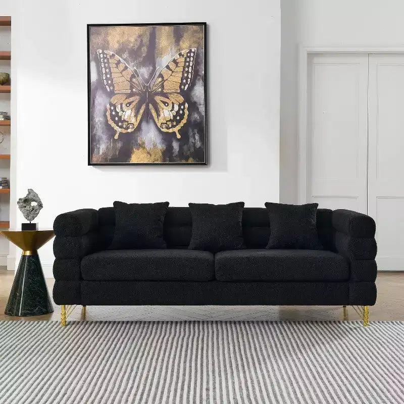 Divano a 3 posti oversize da 81" con seduta profonda, gambe dorate e 3 cuscini lombari – Art Déco