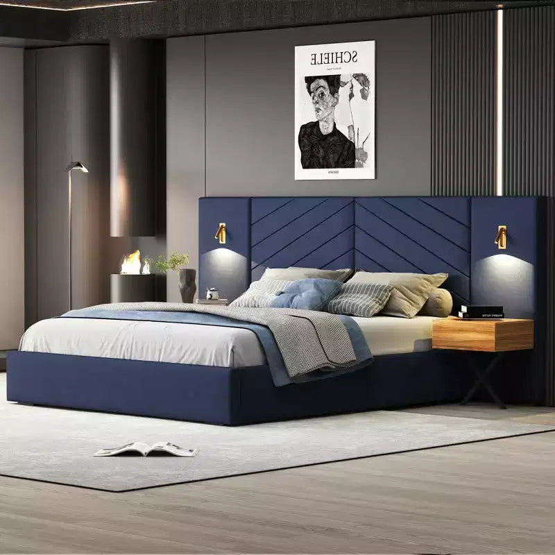 Set Camera da Letto in Velluto 3 Pezzi King – Letto a Piattaforma con Testiera a Orecchie e 2 Comodini con LED