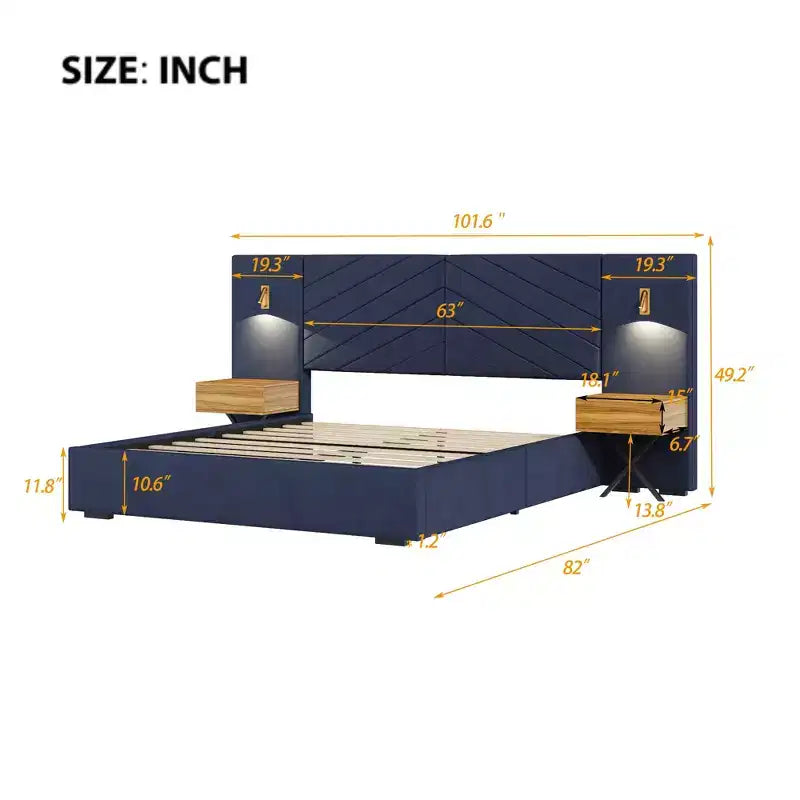 Set Camera da Letto in Velluto 3 Pezzi King – Letto a Piattaforma con Testiera a Orecchie e 2 Comodini con LED