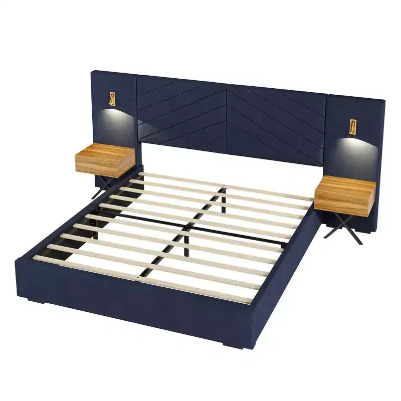 Set Camera da Letto in Velluto 3 Pezzi King – Letto a Piattaforma con Testiera a Orecchie e 2 Comodini con LED
