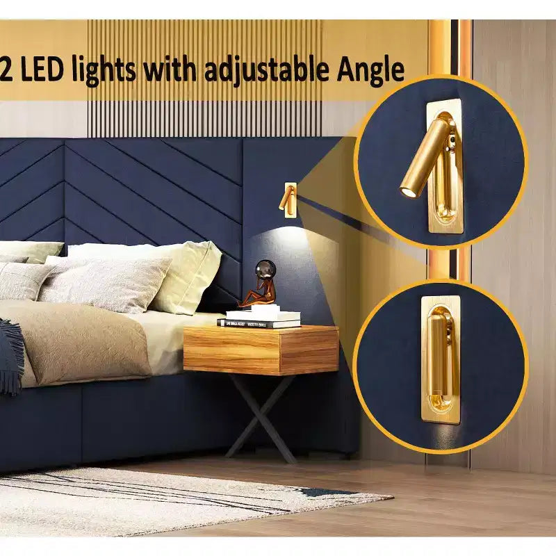 Set Camera da Letto in Velluto 3 Pezzi King – Letto a Piattaforma con Testiera a Orecchie e 2 Comodini con LED
