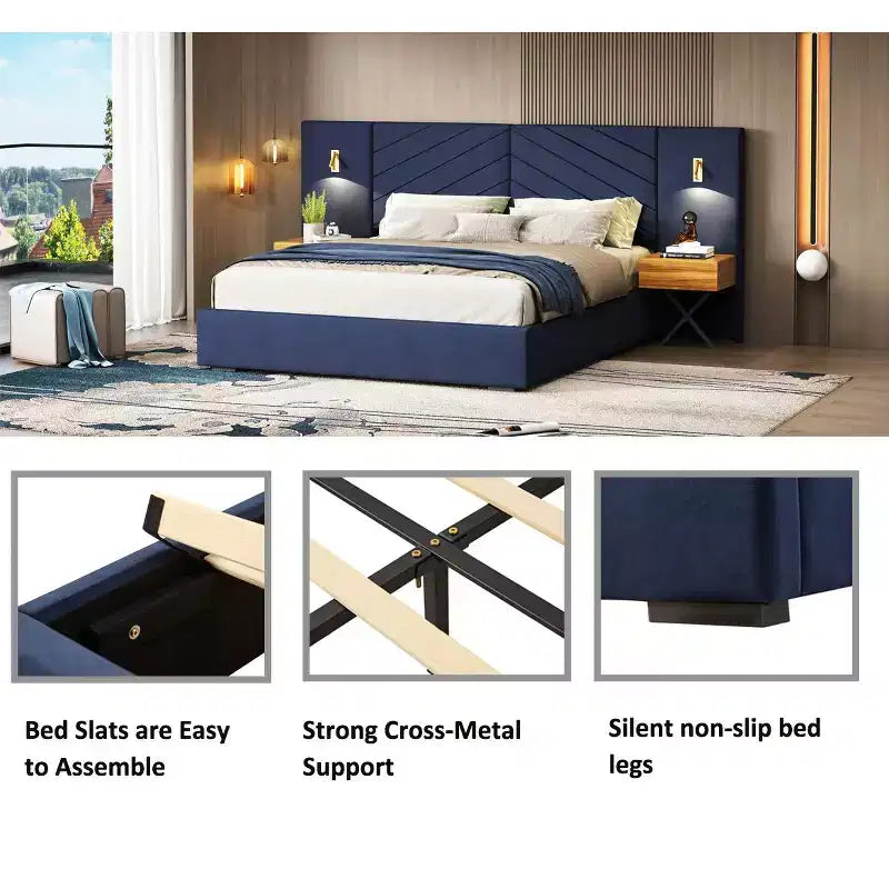 Set Camera da Letto in Velluto 3 Pezzi King – Letto a Piattaforma con Testiera a Orecchie e 2 Comodini con LED