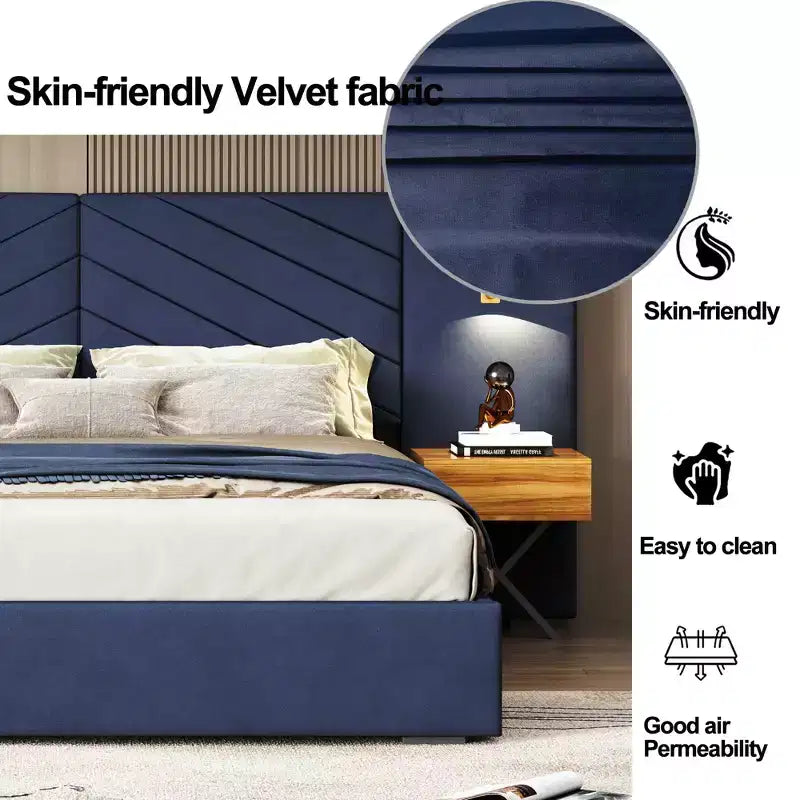 Set Camera da Letto in Velluto 3 Pezzi King – Letto a Piattaforma con Testiera a Orecchie e 2 Comodini con LED