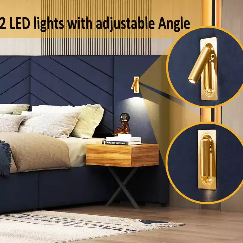 Set Camera da Letto in Velluto 3 Pezzi King – Letto a Piattaforma con Testiera a Orecchie e 2 Comodini con LED