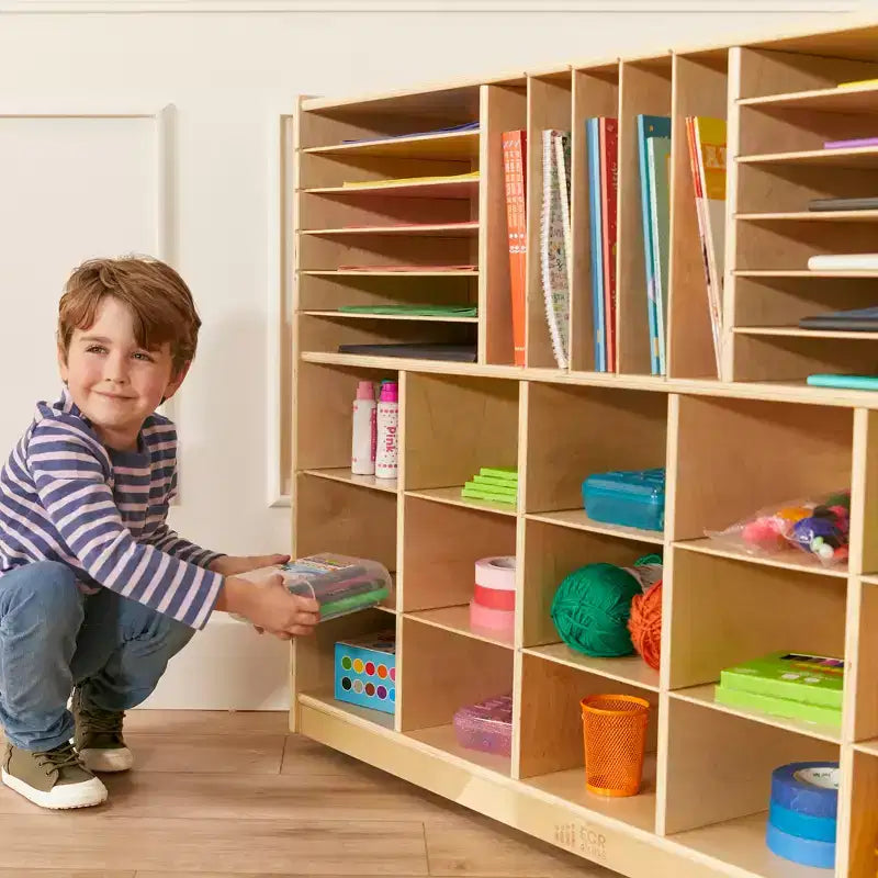 Mobile Kids Storage Cabinet with 15 Cubbies & Tray Sections – Betulla, GREENGUARD Gold