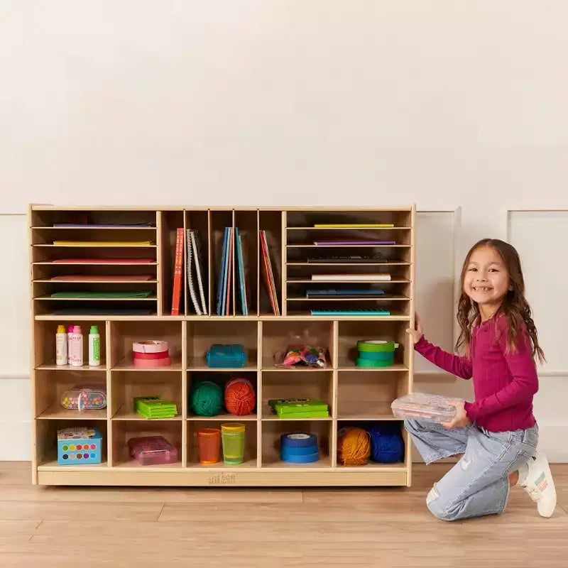 Mobile Kids Storage Cabinet with 15 Cubbies & Tray Sections – Betulla, GREENGUARD Gold