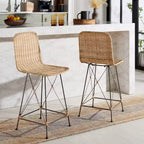 Set di 2 sgabelli da banco in rattan intrecciato con gambe in metallo nero – Altezza seduta 61 cm