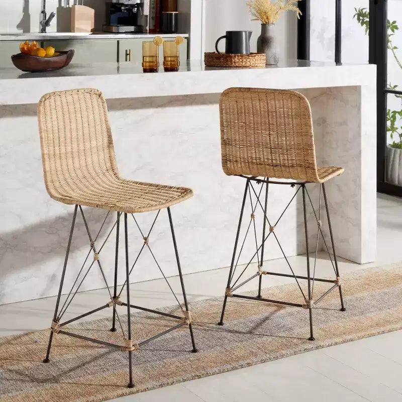 Set di 2 sgabelli da banco in rattan intrecciato con gambe in metallo nero – Altezza seduta 61 cm
