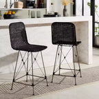 Set di 2 sgabelli da banco in rattan intrecciato con gambe in metallo nero – Altezza seduta 61 cm