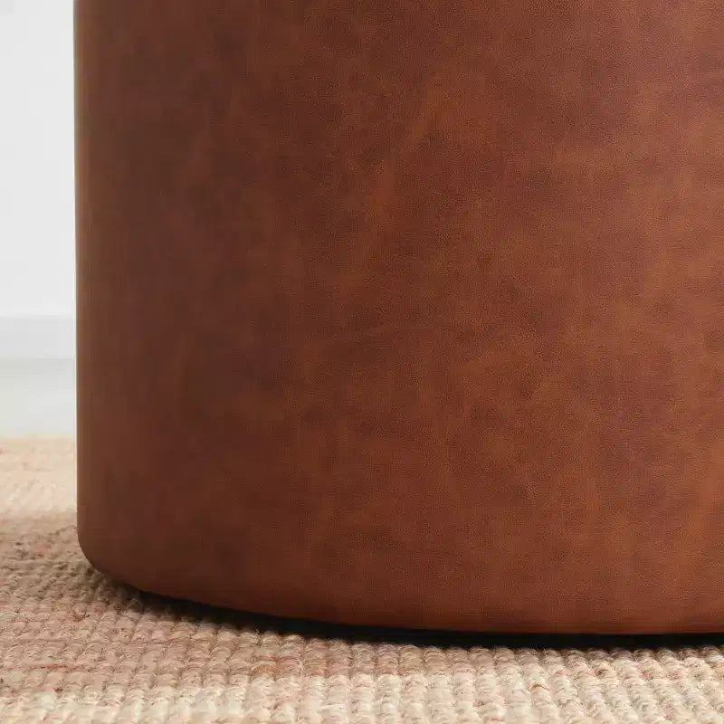 Grande Pouf Contenitore Rotondo da 56 cm con Vassoio – Rivestito in Tessuto Beige