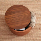 Grande Pouf Contenitore Rotondo da 56 cm con Vassoio – Rivestito in Tessuto Beige