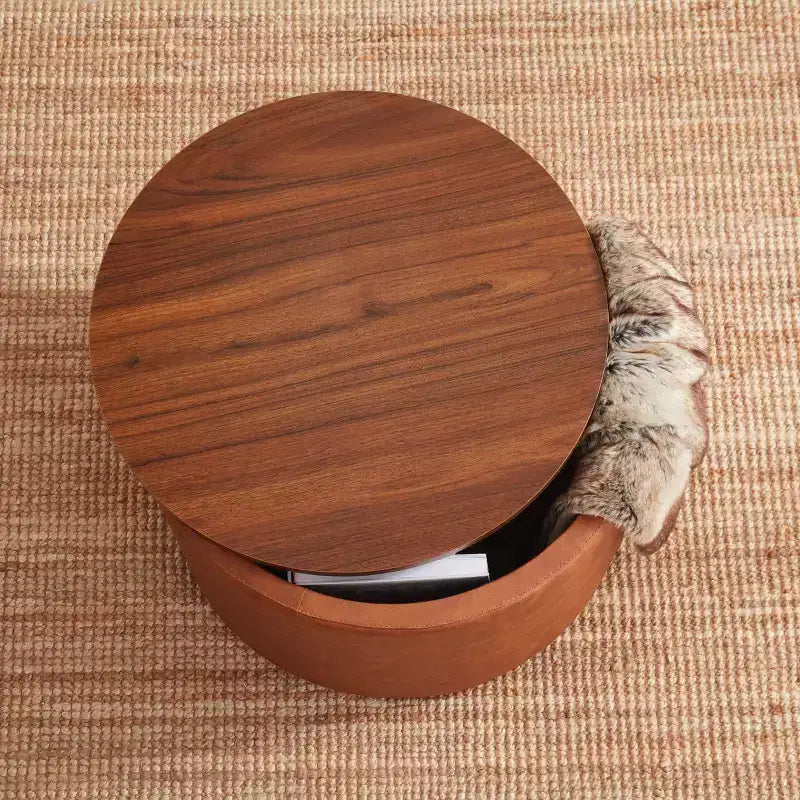 Grande Pouf Contenitore Rotondo da 56 cm con Vassoio – Rivestito in Tessuto Beige