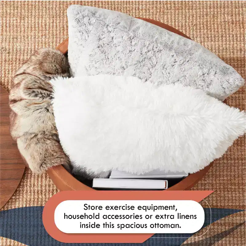Grande Pouf Contenitore Rotondo da 56 cm con Vassoio – Rivestito in Tessuto Beige