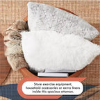 Grande Pouf Contenitore Rotondo da 56 cm con Vassoio – Rivestito in Tessuto Beige