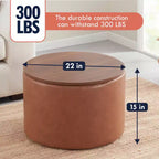 Grande Pouf Contenitore Rotondo da 56 cm con Vassoio – Rivestito in Tessuto Beige