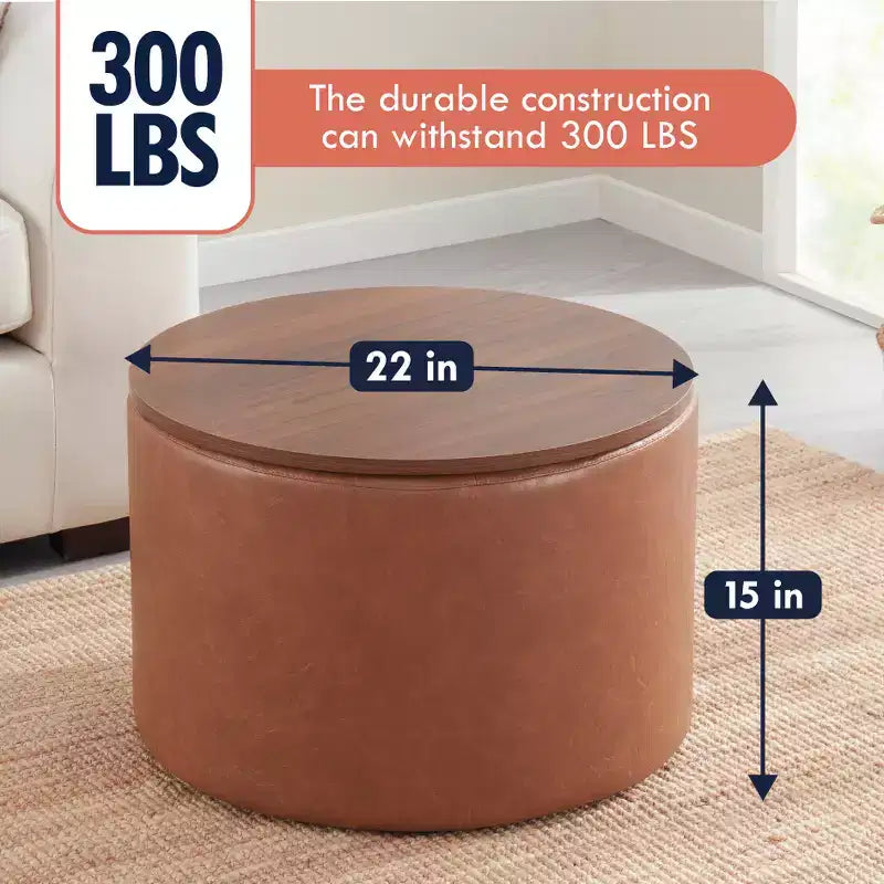Grande Pouf Contenitore Rotondo da 56 cm con Vassoio – Rivestito in Tessuto Beige