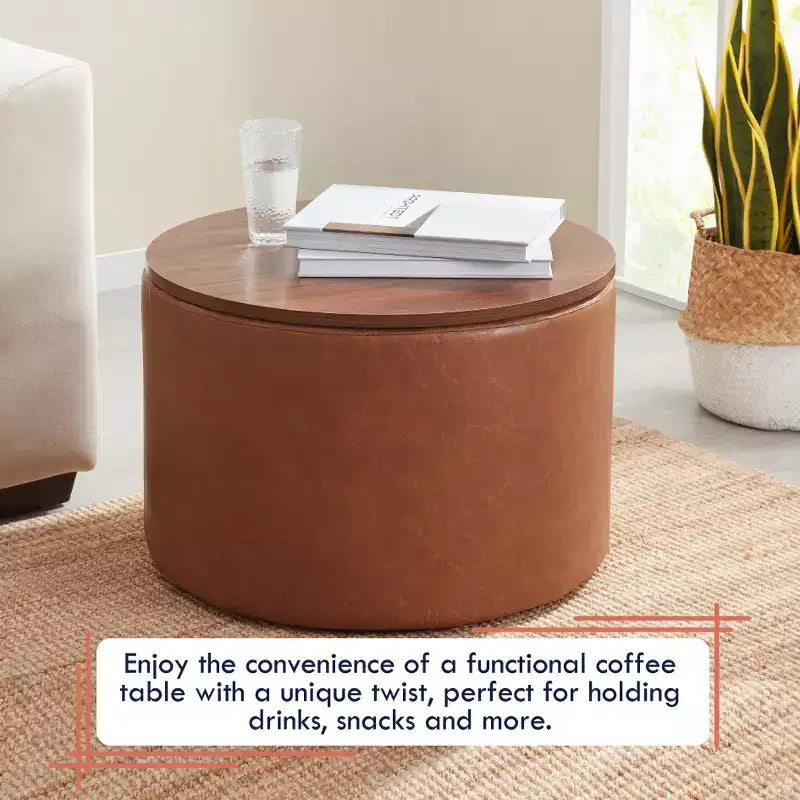 Grande Pouf Contenitore Rotondo da 56 cm con Vassoio – Rivestito in Tessuto Beige