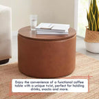 Grande Pouf Contenitore Rotondo da 56 cm con Vassoio – Rivestito in Tessuto Beige