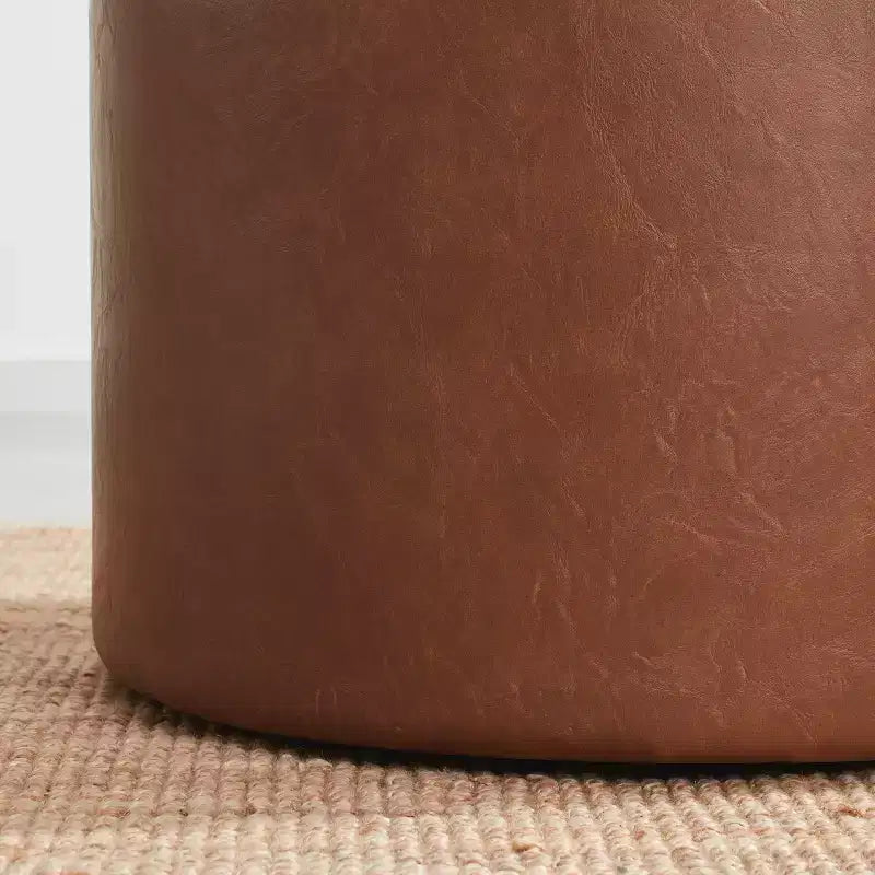 Grande Pouf Contenitore Rotondo da 56 cm con Vassoio – Rivestito in Tessuto Beige