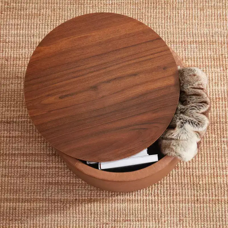 Grande Pouf Contenitore Rotondo da 56 cm con Vassoio – Rivestito in Tessuto Beige