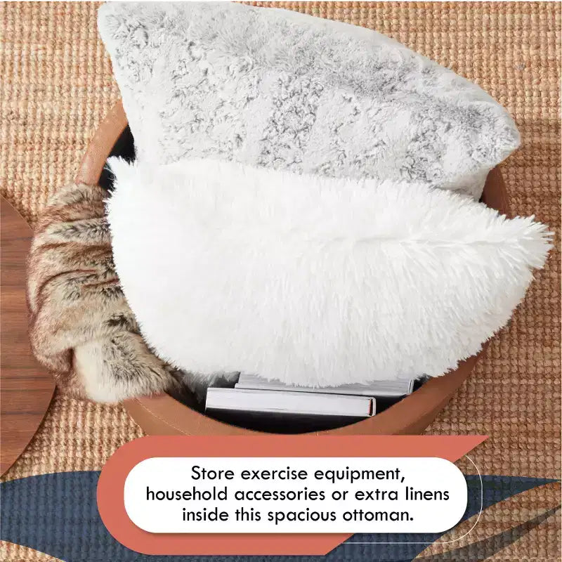 Grande Pouf Contenitore Rotondo da 56 cm con Vassoio – Rivestito in Tessuto Beige