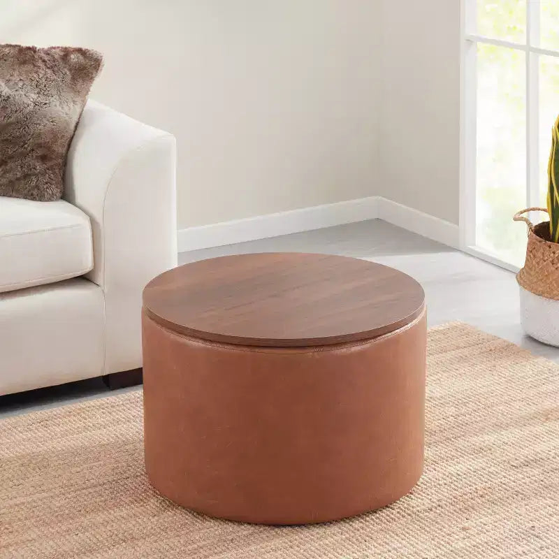 Grande Pouf Contenitore Rotondo da 56 cm con Vassoio – Rivestito in Tessuto Beige
