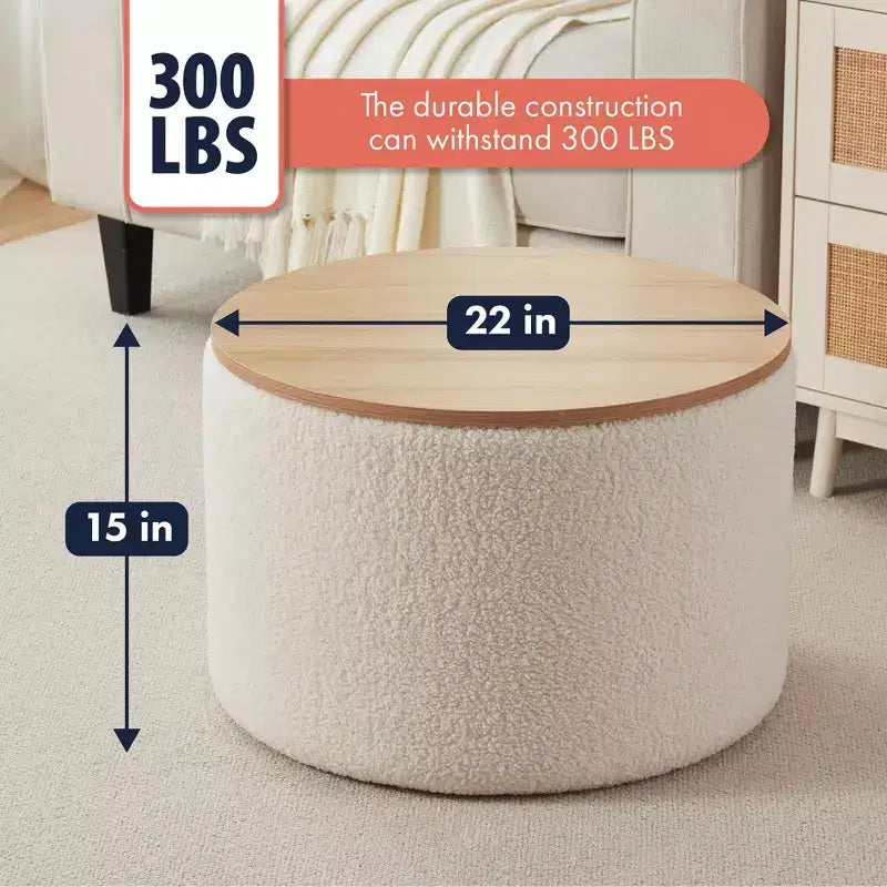 Grande Pouf Contenitore Rotondo da 56 cm con Vassoio – Rivestito in Tessuto Beige