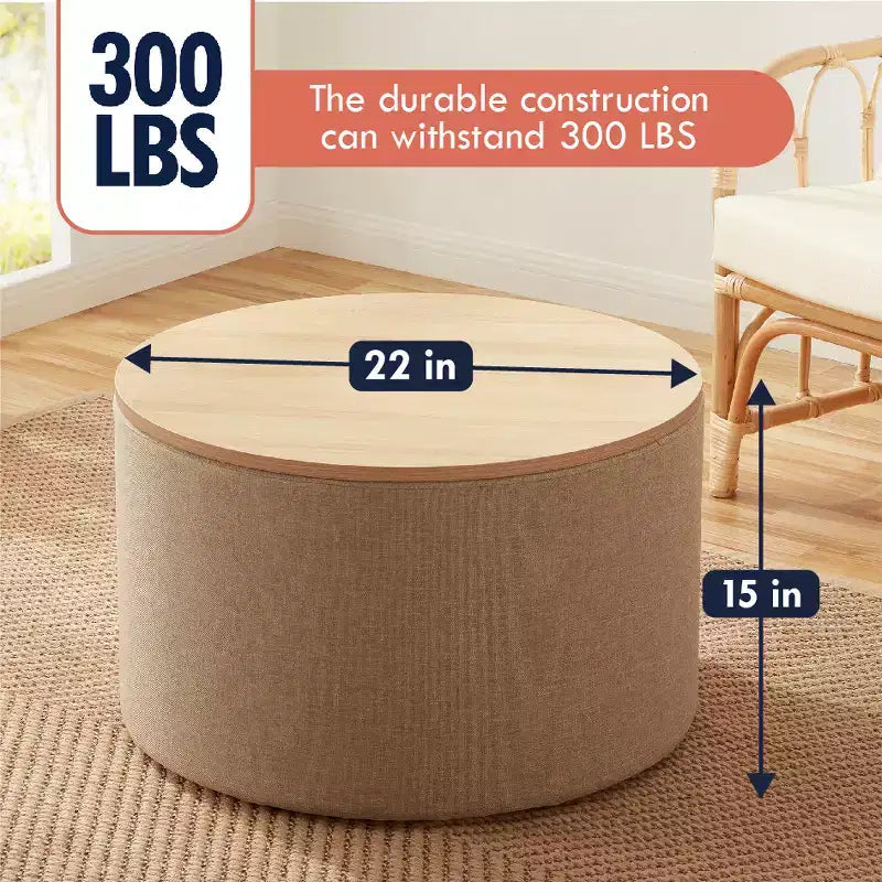 Grande Pouf Contenitore Rotondo da 56 cm con Vassoio – Rivestito in Tessuto Beige