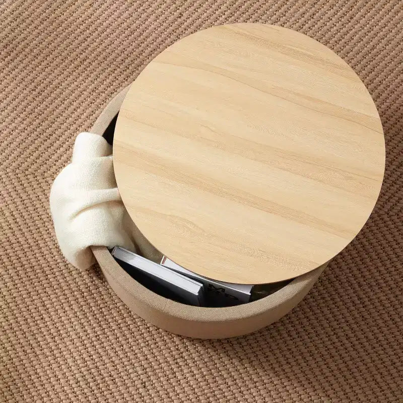 Grande Pouf Contenitore Rotondo da 56 cm con Vassoio – Rivestito in Tessuto Beige